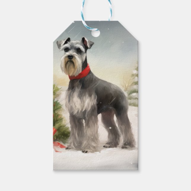 Etiqueta Para Presente Cachorro Schnauzer no Natal da Neve (Frente)