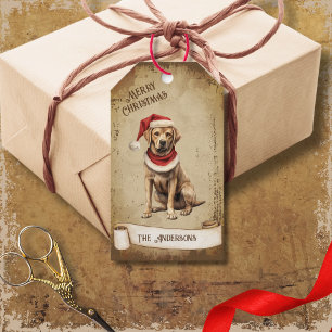 Etiqueta Para Presente Cachorro Vintage com Chapéu Vermelho de Natal
