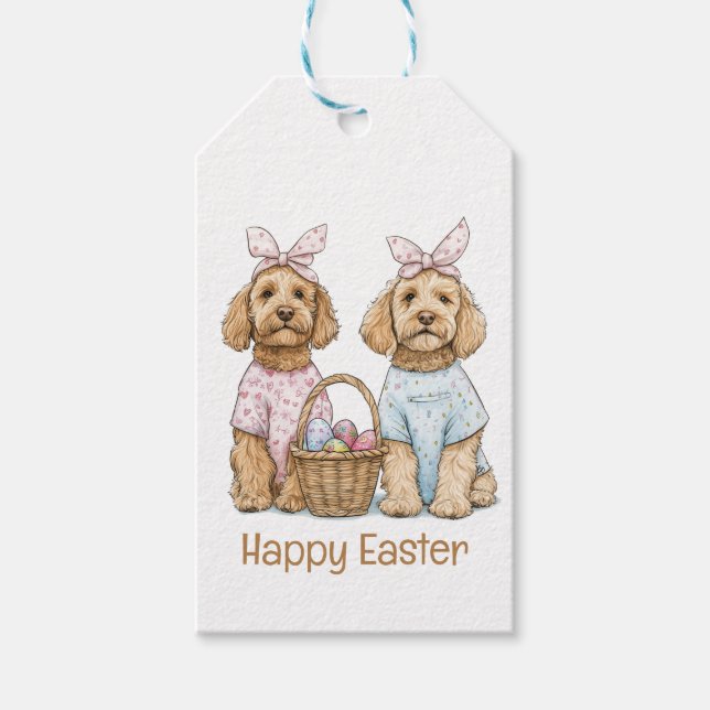 Etiqueta Para Presente Cachorros Goldendoodle Feliz Páscoa (Frente)