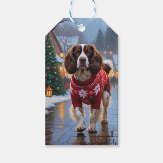 Etiqueta Para Presente Cães Brittany Spaniel Natal Neve Férias (Frente)