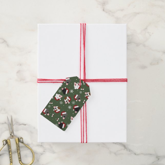 Etiqueta Para Presente Cães de Papai Noel no Verde (Com cordão)