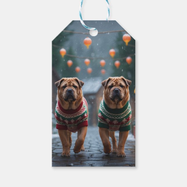 Etiqueta Para Presente Cães Shar Pei Natal Neve Feriado (Frente)