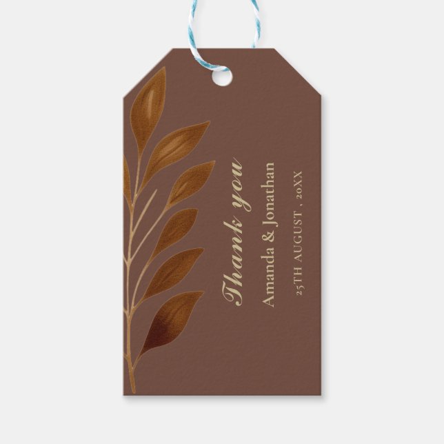 Etiqueta Para Presente Café Castanho e Dourado Casamento Folha (Frente)