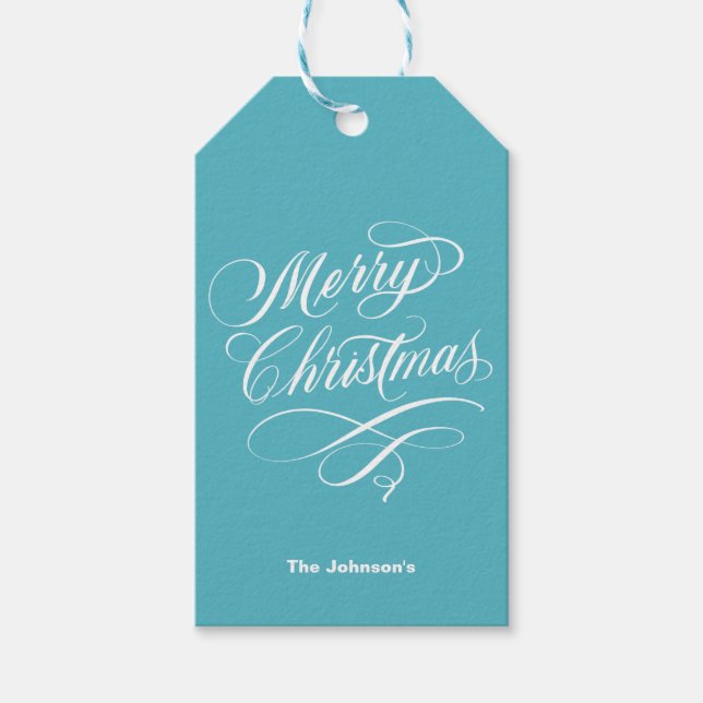 Etiqueta Para Presente Caligrafia Feliz Teal de Natal (Frente)
