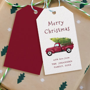 Etiqueta Para Presente Caminhão de Natal Vermelho Vintage em Aquarela