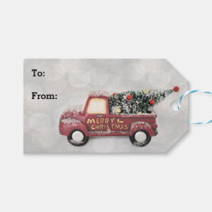 Etiqueta Para Presente caminhão de vintage vermelho sobre a cinza