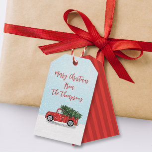 Etiqueta Para Presente Caminhão Vermelho Vintage de Natal Flocos de Neve 