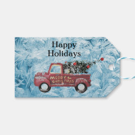Etiqueta Para Presente caminhão vintage vermelho em um fundo de floco de 