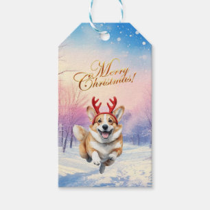 Etiqueta Para Presente Canteiros de Corgi Reindeer de Natal saltando em n
