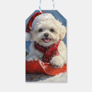 Etiqueta Para Presente Cão Bichon Frise em Trenó Deixe Nevar Natal 