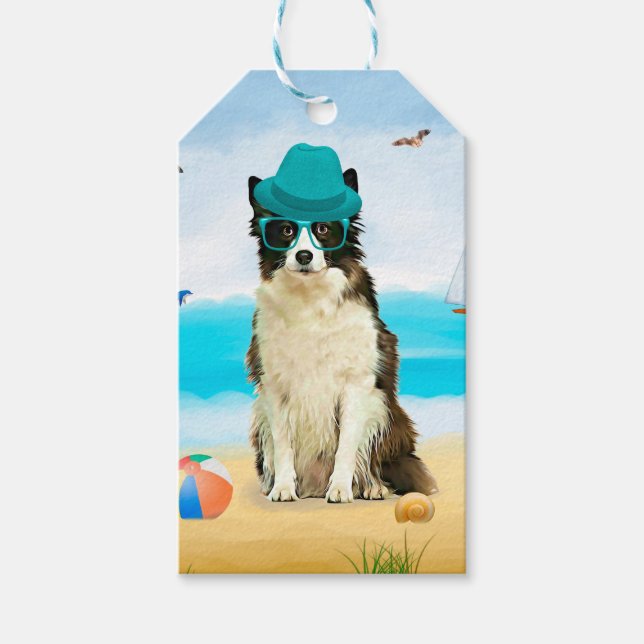 Etiqueta Para Presente Cão Border Collie na Praia (Frente)