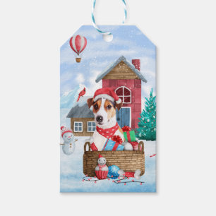 Etiqueta Para Presente Cão Jack Russell na Casa de Natal na neve
