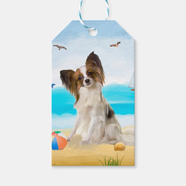 Etiqueta Para Presente Cão Papillon na Praia (Frente)