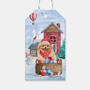 Etiqueta Para Presente Cão Pomerânia na Casa de Natal na Neve