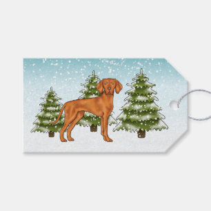 Etiqueta Para Presente Cão Vizsla Húngaro Floresta Invernal Nevada Festiv