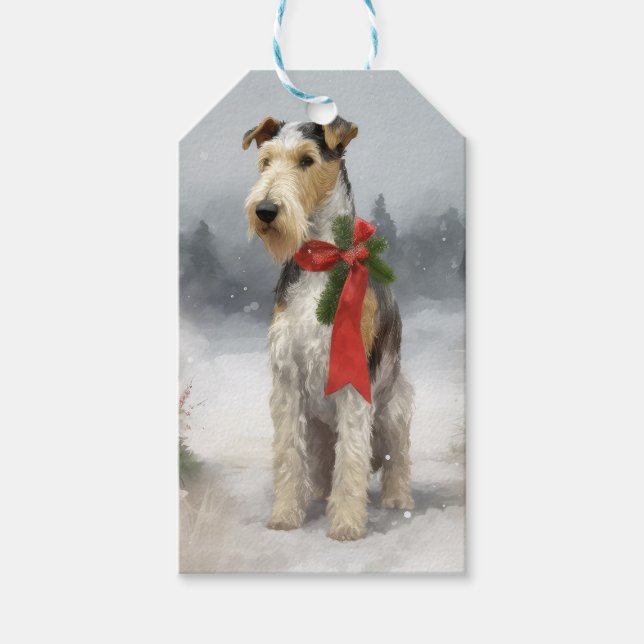 Etiqueta Para Presente Cão Wirefox Terrier na Neve Natal (Frente)