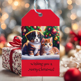 Etiqueta Para Presente Cãozinho e gato lindos sob a árvore de Natal perso