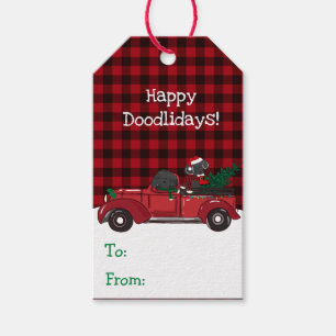 Etiqueta Para Presente Caricatura Labradoodles Caminhão de Natal Vermelh