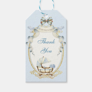 Etiqueta Para Presente Carrinho Antigo Rosas Azul Dourado Gingham