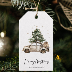 Etiqueta Para Presente Carro Antigo com Presente de Árvore de Natal