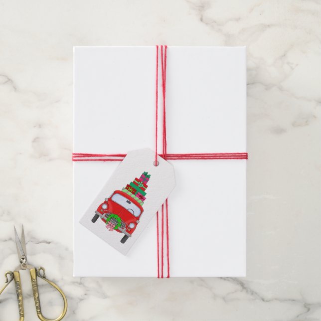 Etiqueta Para Presente Carro retrô com presentes de Natal (Com cordão)
