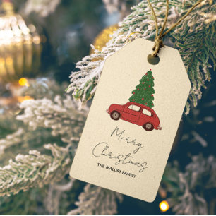 Etiqueta Para Presente Carro vermelho com árvore de Natal Vintage minim