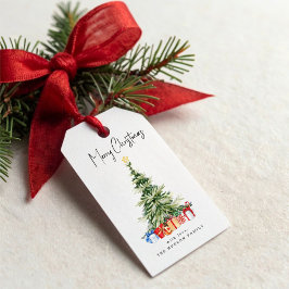 Etiqueta Para Presente Cartão de Árvore de Natal com Aquarela Feliz Natal