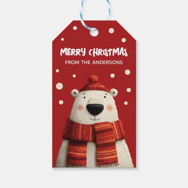Etiqueta Para Presente Cartografia bonita Urso Polar Vermelho Feliz Natal (Frente)