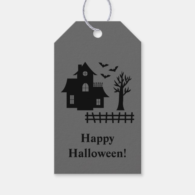 Etiqueta Para Presente Casa Assombrada E Texto Feliz Halloween Cinza (Frente)