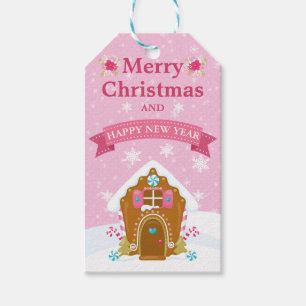 Etiqueta Para Presente Casa de Biscoito de Gengibre Rosa Festivo Natal