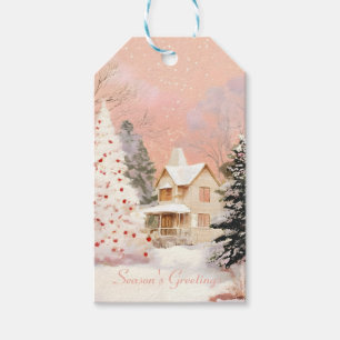 Etiqueta Para Presente Casa de Natal Rosa Caprichosa no Inverno