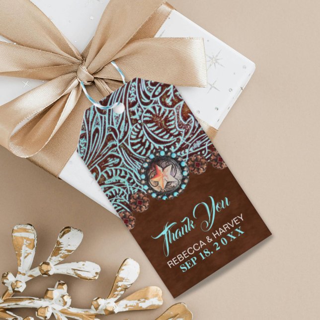Etiqueta Para Presente casal de vaqueiro marrom turquesa casamento ociden (turquoise brown cowboy country western wedding gift tags)