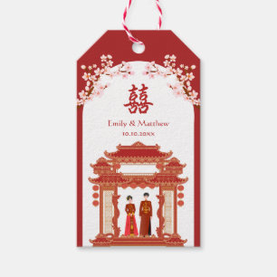 Etiqueta Para Presente Casal vermelho templo cerejeira casamento chinês