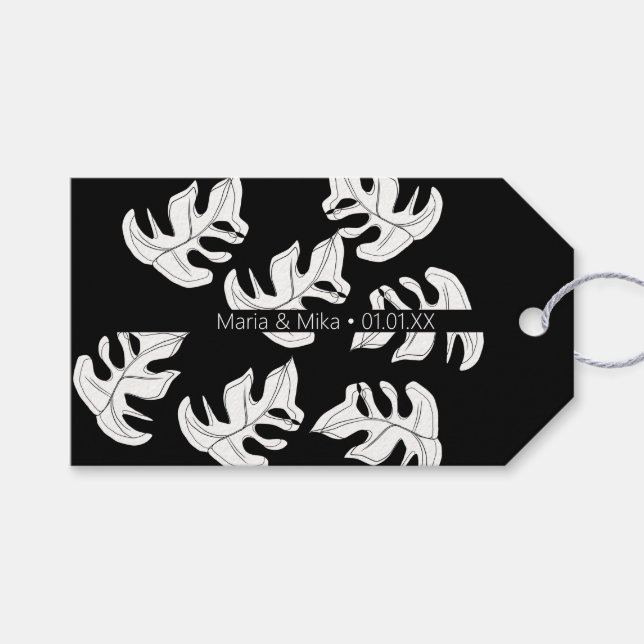 Etiqueta Para Presente Casamento Botânico de Monstera Black White (Frente (horizontal))