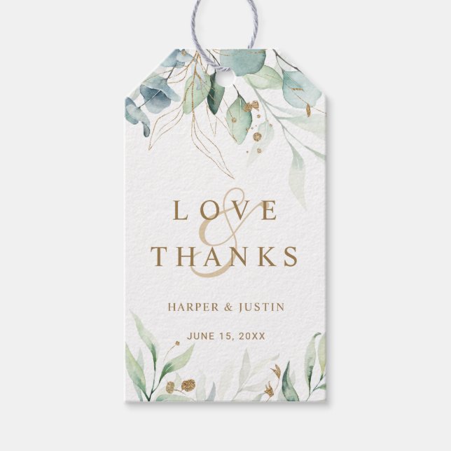 Etiqueta Para Presente Casamento Botânico Dourado e Verde Obrigado (Frente)