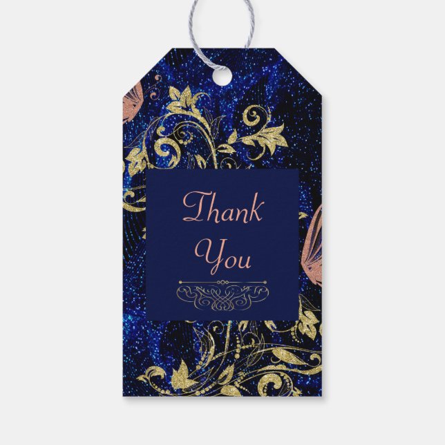 Etiqueta Para Presente Casamento com Borboleta Dourada Real Azul (Verso)