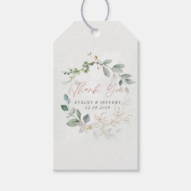 Etiqueta Para Presente Casamento de Caligrafia Dourada Rustic Eucalyptus (Frente)