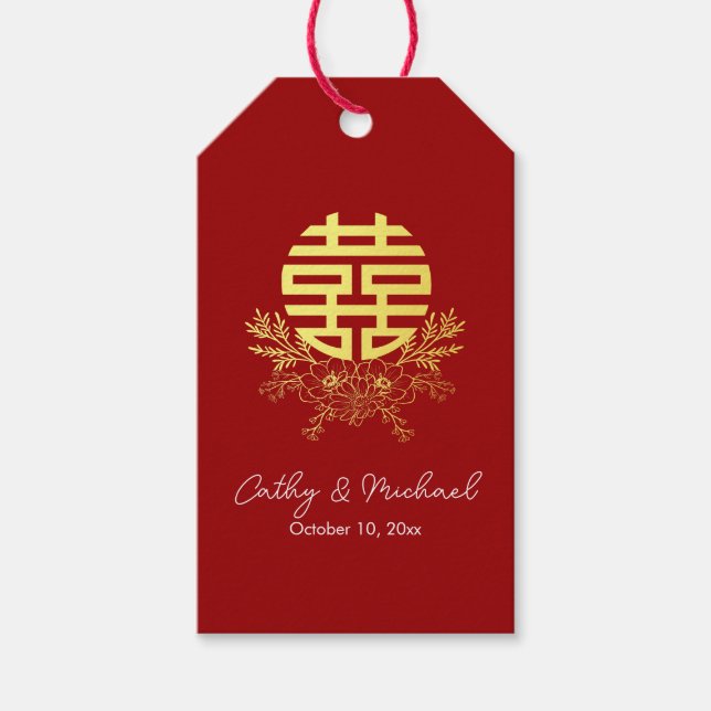 Etiqueta Para Presente Casamento de flor chinesa com dupla felicidade em  (Frente)