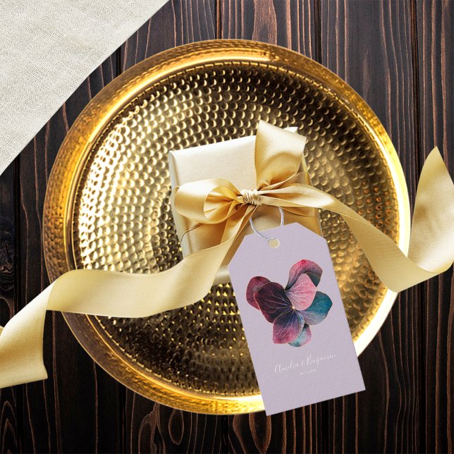 Etiqueta Para Presente Casamento de Hídrangas Roxas Douradas Elegante (Criador carregado)