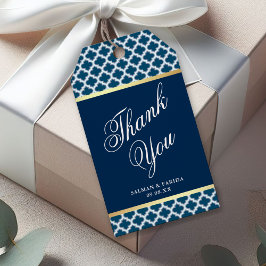 Etiqueta Para Presente Casamento de Padrão de Quatrefoil Azul-marroquino