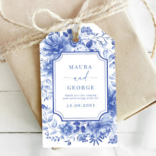Etiqueta Para Presente Casamento de Peônias Botânicas de Porcelana Azul C