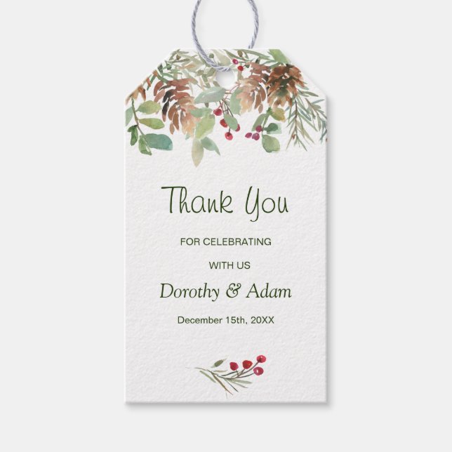 Etiqueta Para Presente Casamento de Pine Greenery de inverno Obrigado (Frente)