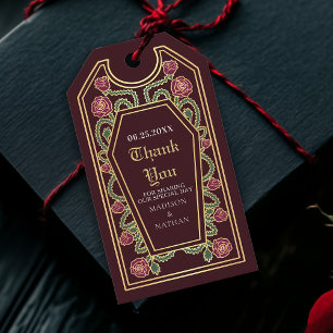 Etiqueta Para Presente Casamento de Rosa de Coffin Gótico Vermelho Obriga