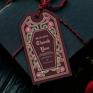 Etiqueta Para Presente Casamento de Rosa de Coffin Gótico Vermelho Obriga