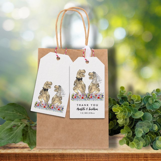 Etiqueta Para Presente Casamento De Tema Dinossauro Obrigado (Dinosaur wedding T-Rex bride and groom and colorful wildflowers custom wedding thank you favor tags)
