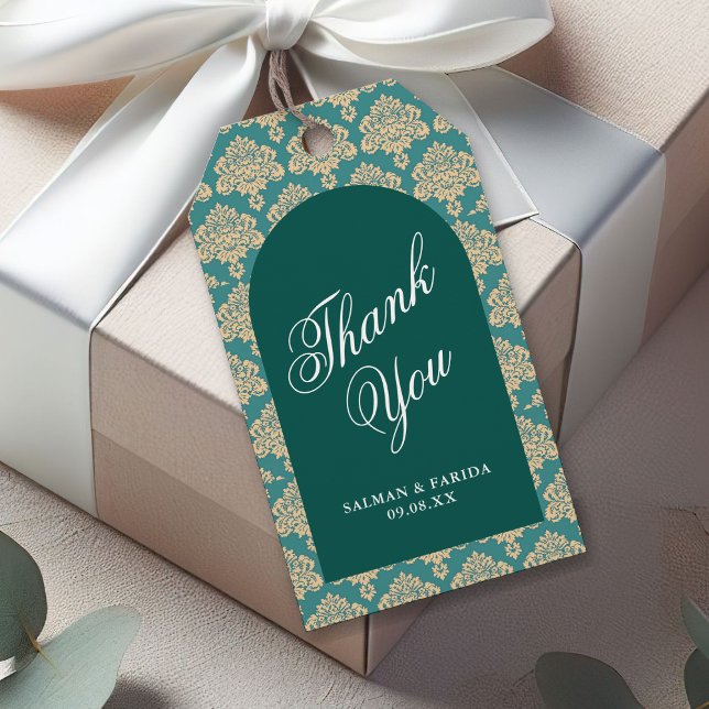 Etiqueta Para Presente Casamento do Teal Damask Arch Elegante Obrigado (Criador carregado)