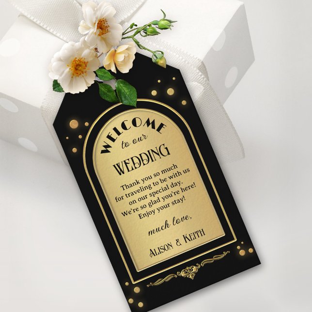 Etiqueta Para Presente Casamento Dourado de Confetti Negro (Retro art deco wedding favor gift tag featuring a gold and black design with sparkling confetti dots)