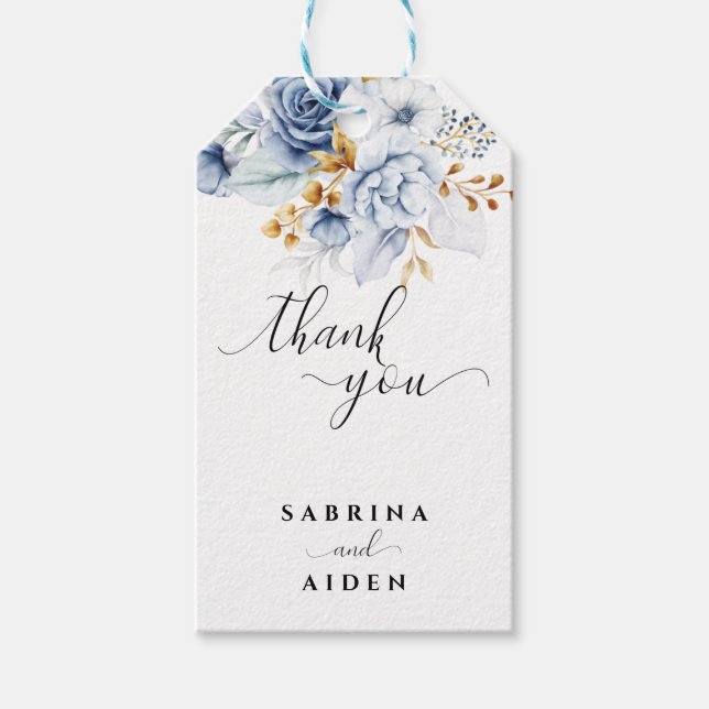 Etiqueta Para Presente Casamento Dourado Floral Branco Dusty Blue (Frente)