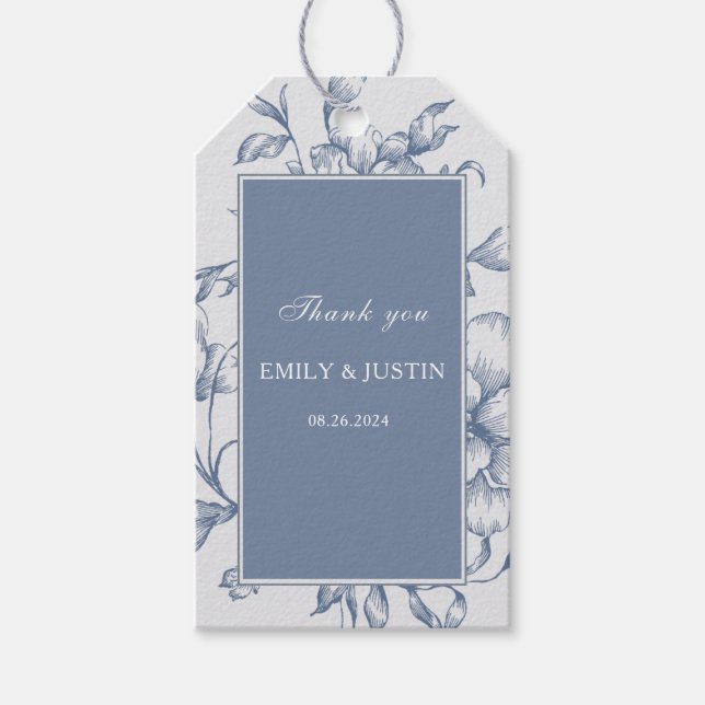 Etiqueta Para Presente Casamento Elegante Azul Floral Dusty Obrigado (Frente)
