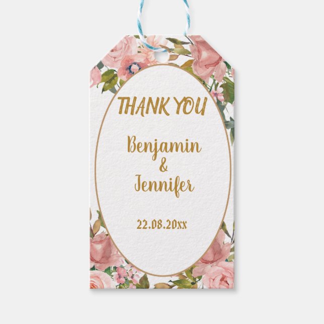 Etiqueta Para Presente Casamento Elegante, Rosa, Verde Floral, Obrigado (Frente)
